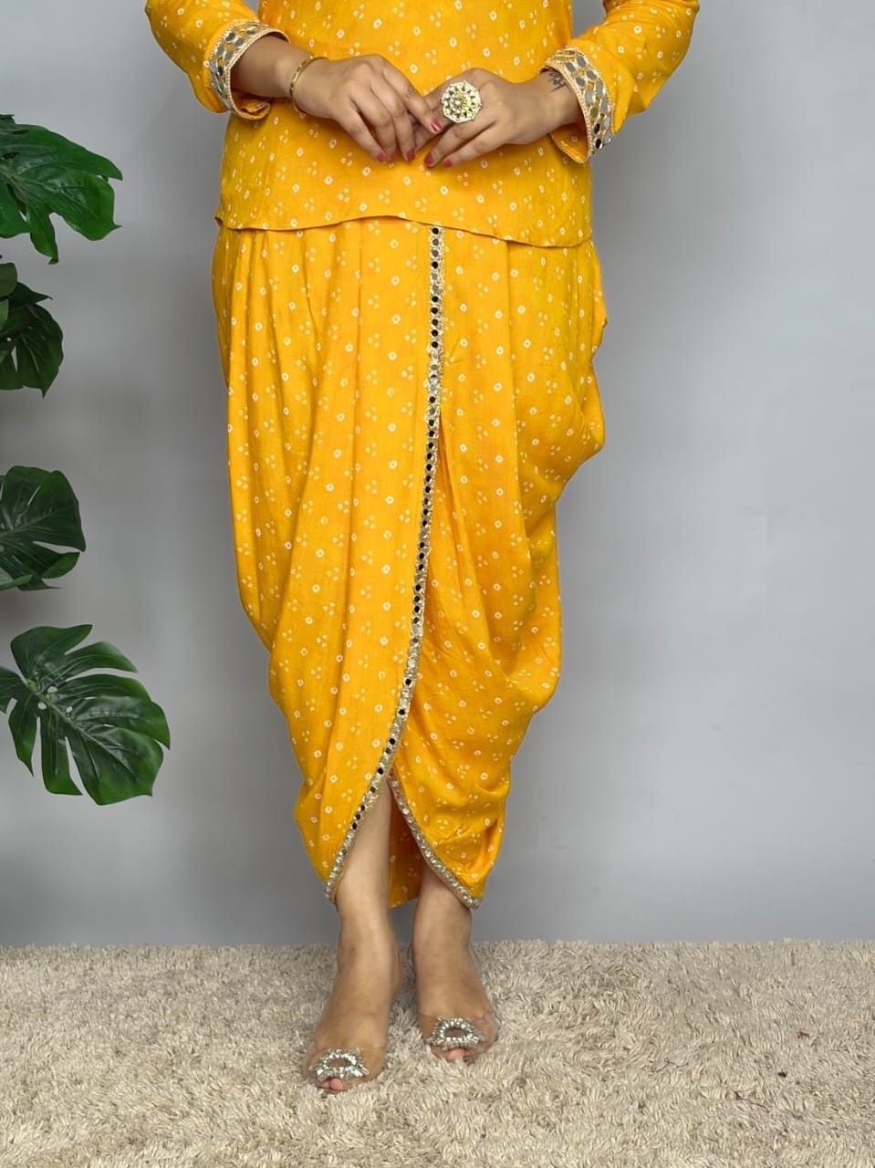 Bandhani Printed Women Kurti Cord Set Indian Party Wear Dhoti Pant Kurta Set