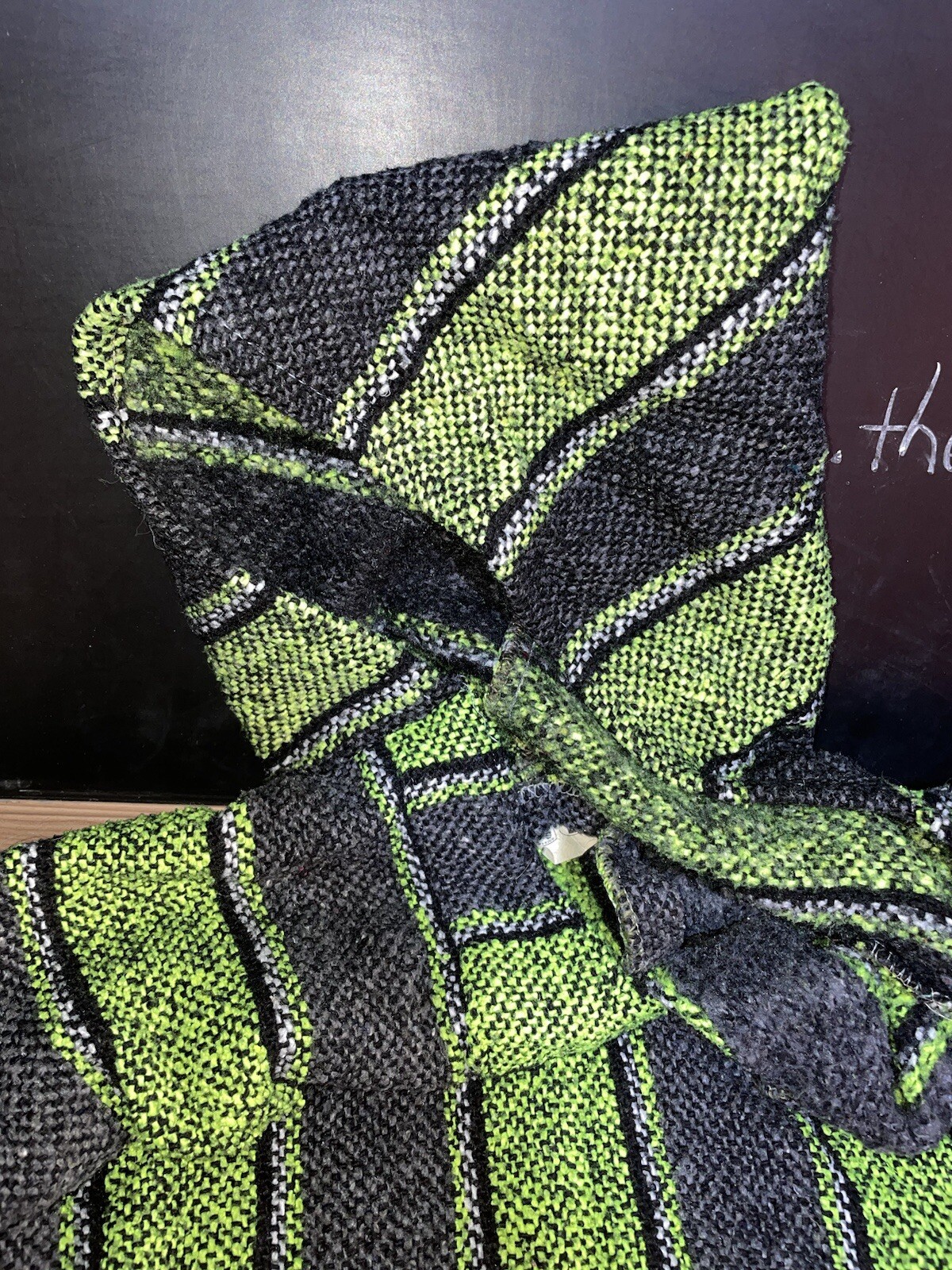 Poncho Mexican Blanket Hoodie Size Large Black Green Made In Mexico Vintage