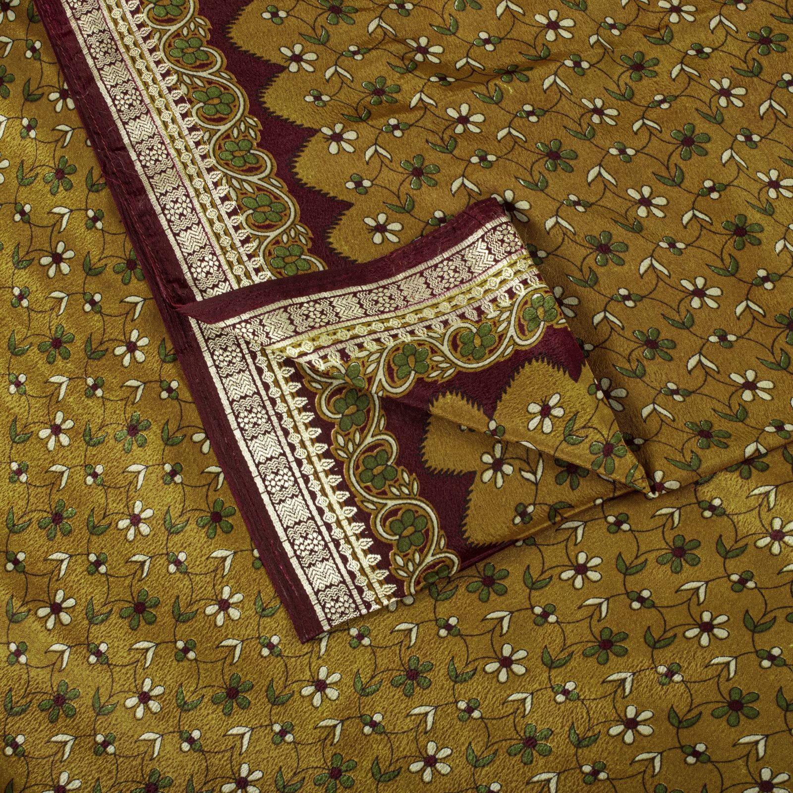 Sanskriti Vintage Yellow Moss Crepe Saree Floral Print Fabric 5+Yard Craft Sari