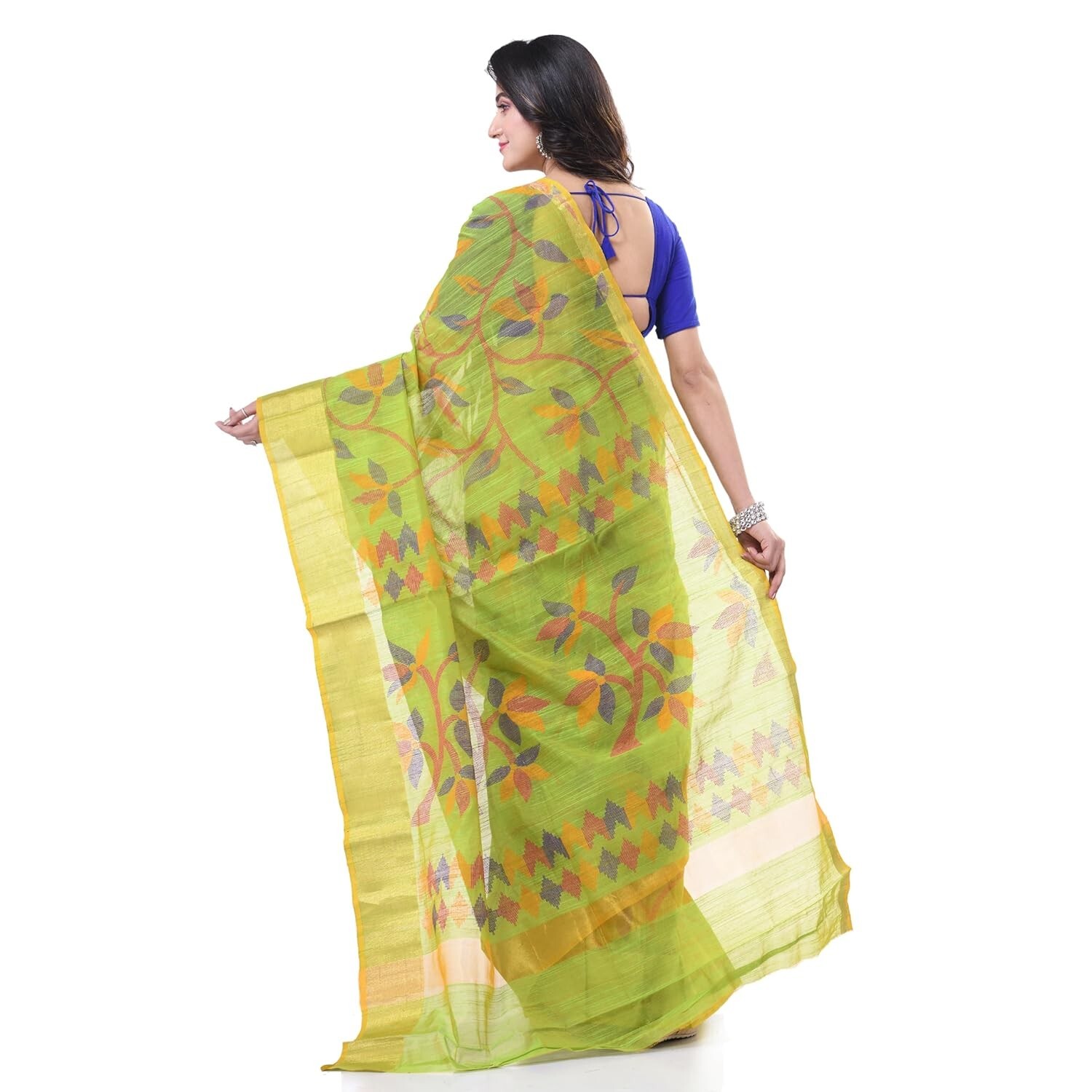 Women`s Tant Cotton Silk Handloom Cotton Blend Saree Floral Leaf Design
