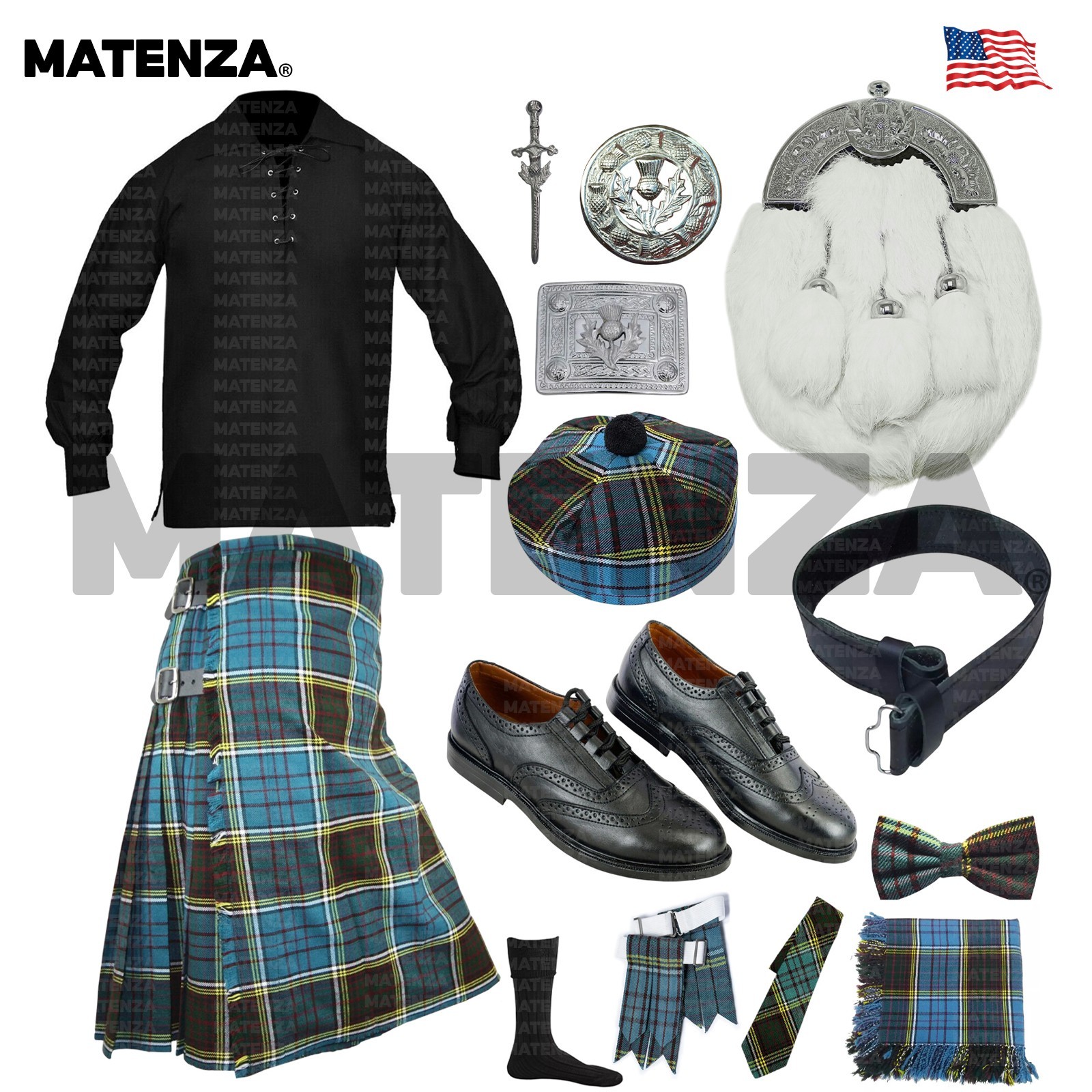 Anderson Modern Tartan 14pc Scottish Kilt Outfit Set 5 Yard Highland Wear