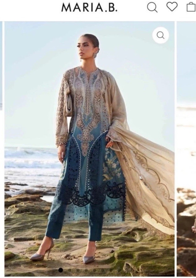 Maria.B Beige Blue Embroidered Net Cotton Pakistani Salwar Kameez for Women