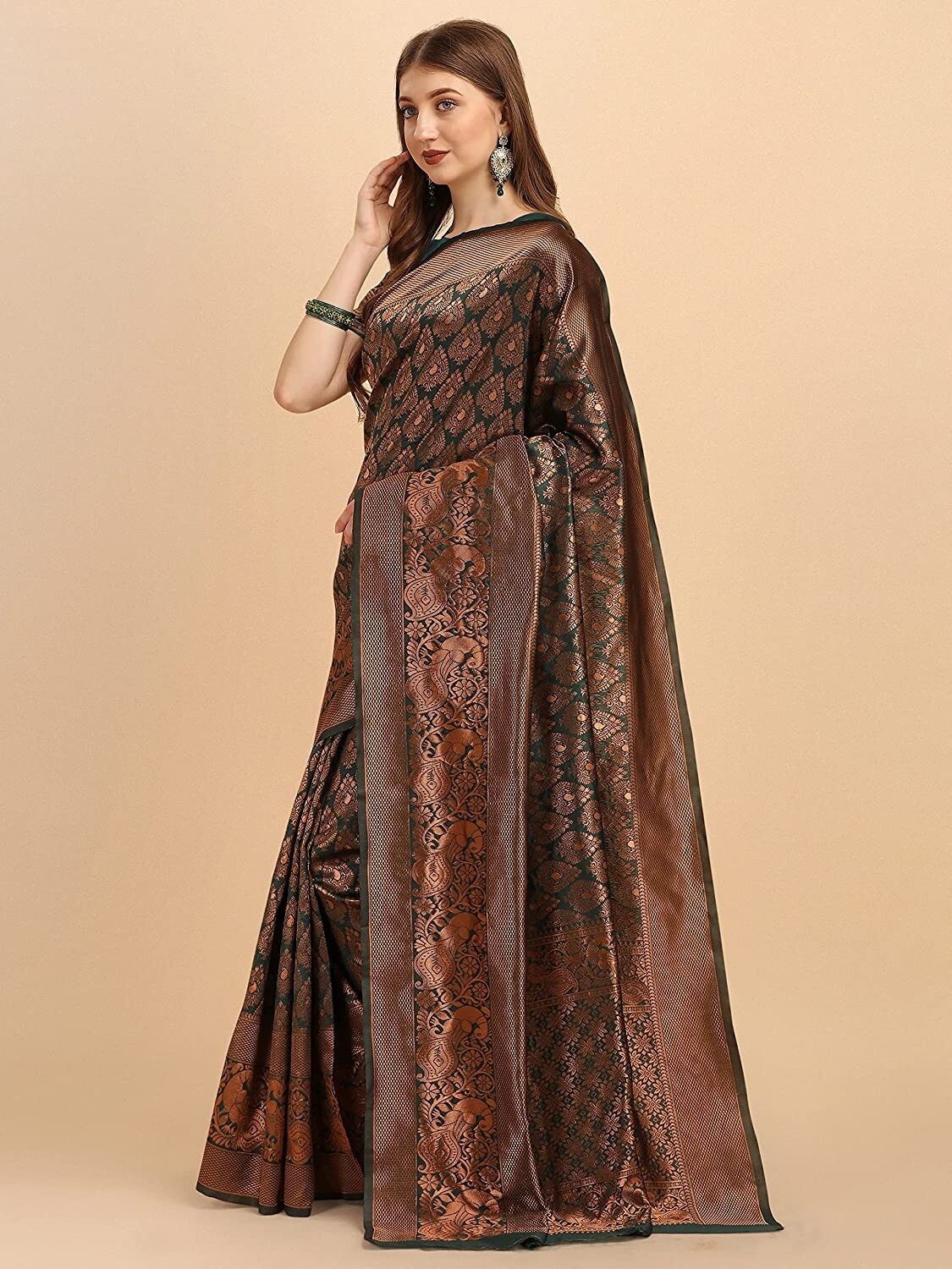 Areca Designer Copper Leaf Green Silk saree blouses women Saree Cut – 5.5 Meter
