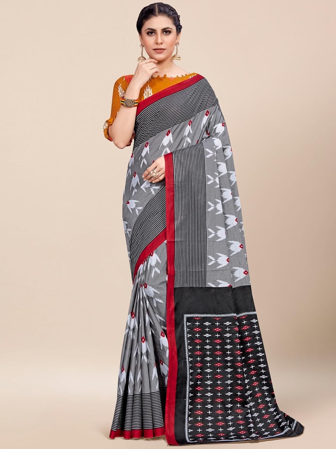 Women’s Cotton Ikat Printed Saree With Unstitched Blouse Piece