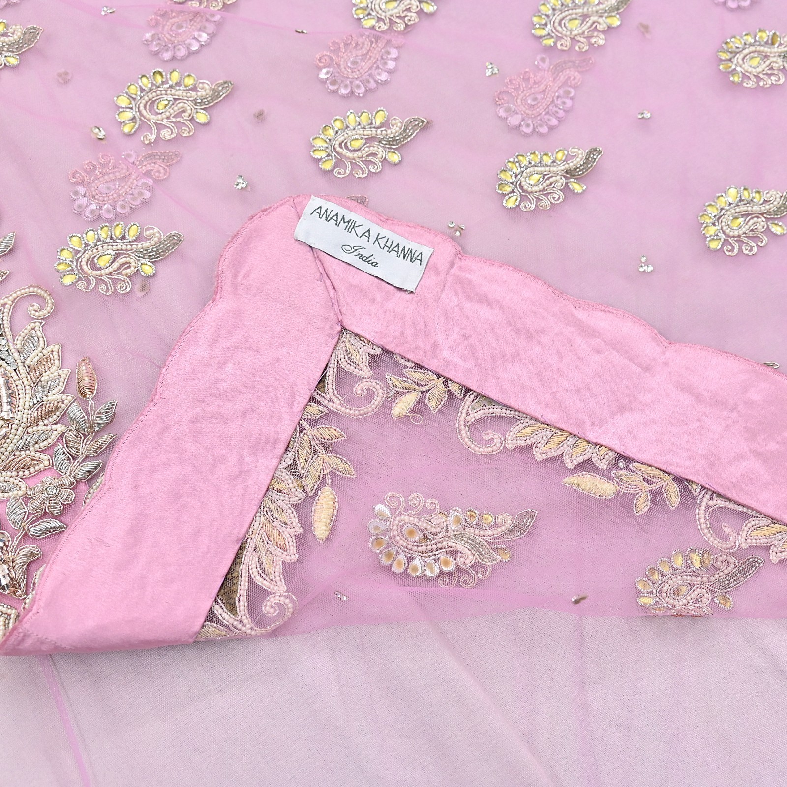 Indian Vintage Sari Pink Net/Mesh Hand Embroidered Anamika Khanna Designer Saree