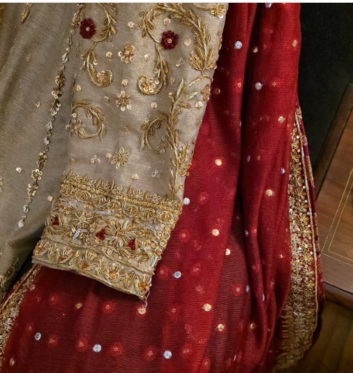 Elegant Handworked Kameez Set with Lace Border Dupatta in Deep Maroon & Beige