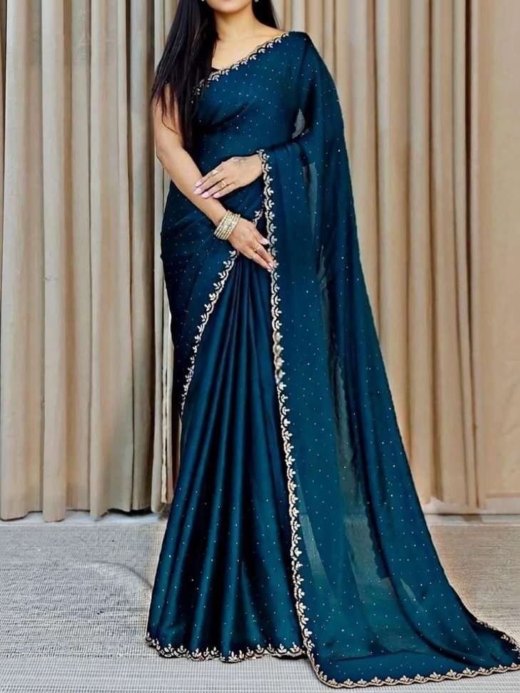 Women’s Embroidered Banarasi Georgette Saree with Unstitched Blouse (Light Blue)