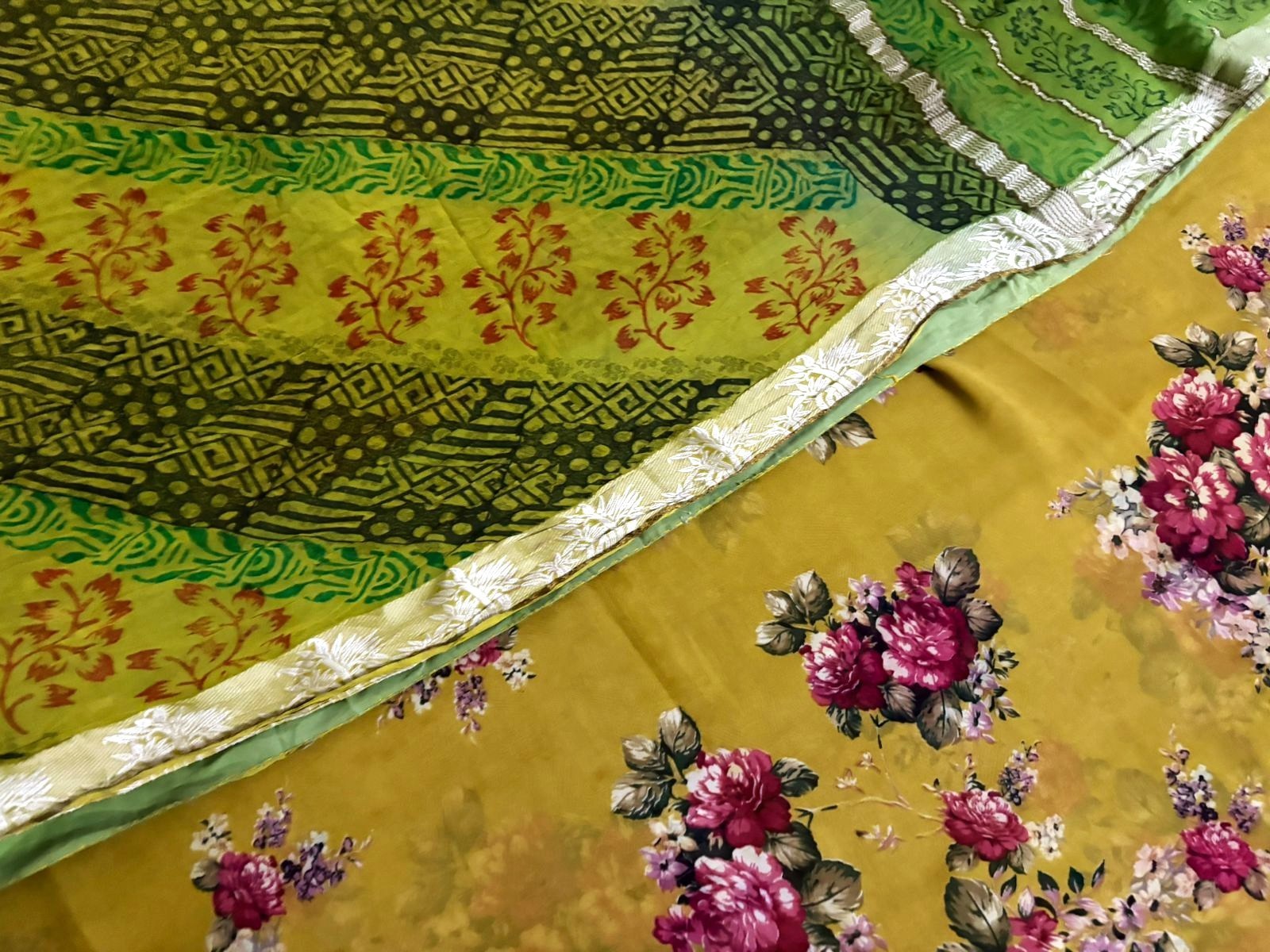 Indian Lot of 2 Pcs Saree Women Wrap Green Home Decor Printed Used Georgete Sari