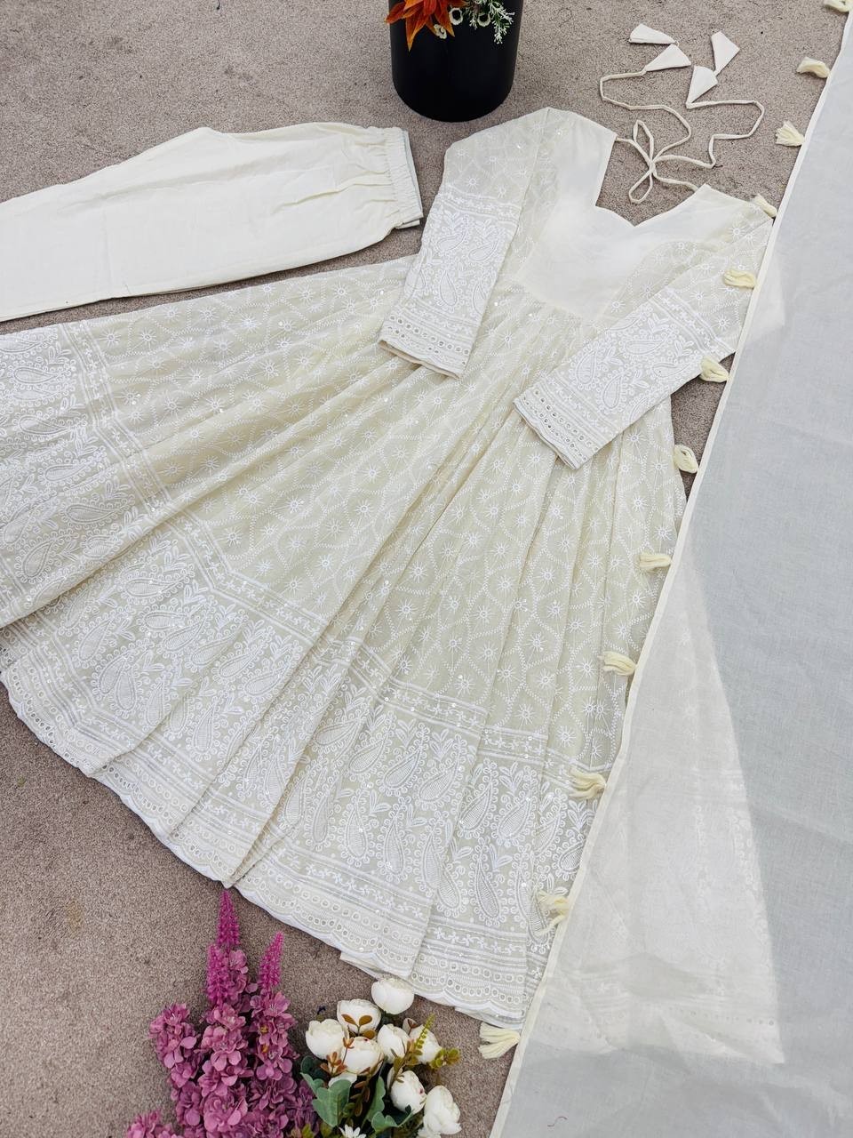 Beautiful Pure Kora Cotton Off White Gown Bottom With Dupatta For Party Wear
