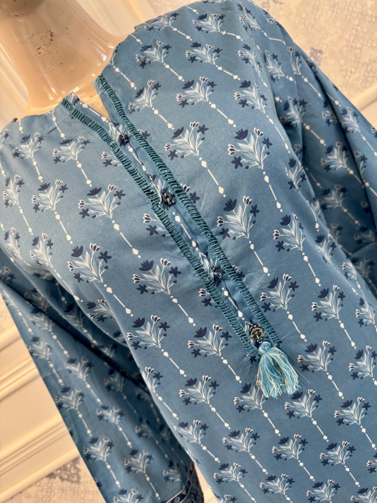 Pakistani Light Blue & Dark Blue Printed Straight Shirt 3-PCS Lawn Suit ,M