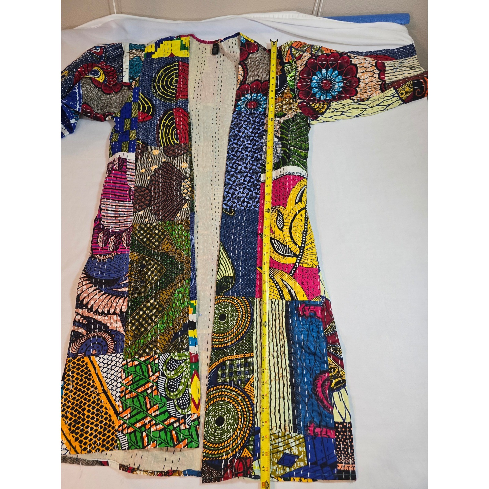 Raj Patchwork Kantha Stitch Kimono Jacket One Size India Cotton Pockets