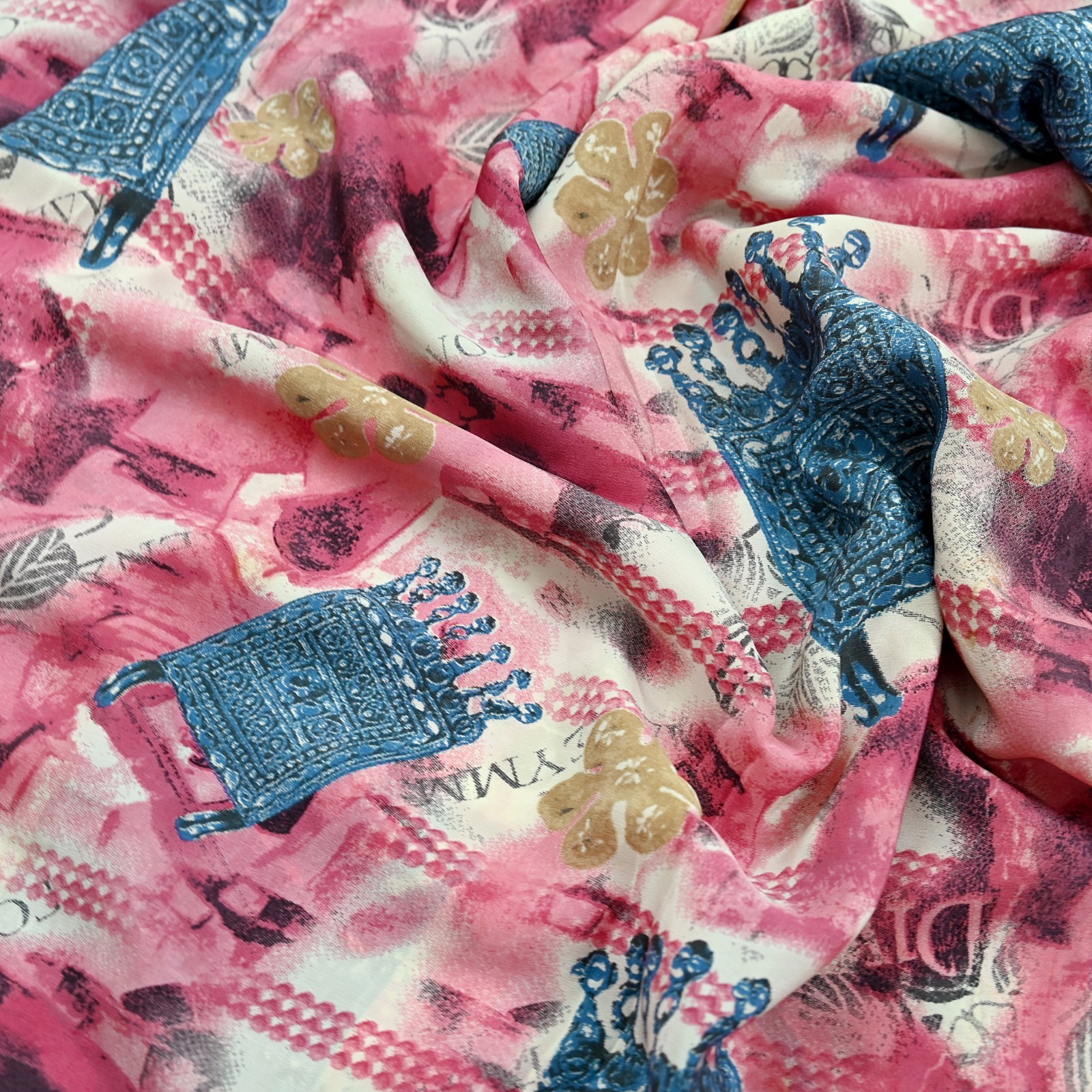 Vintage Pink & Ivory Saree Pure Crepe Silk Printed Sari Craft Fabric 5yd Sewing