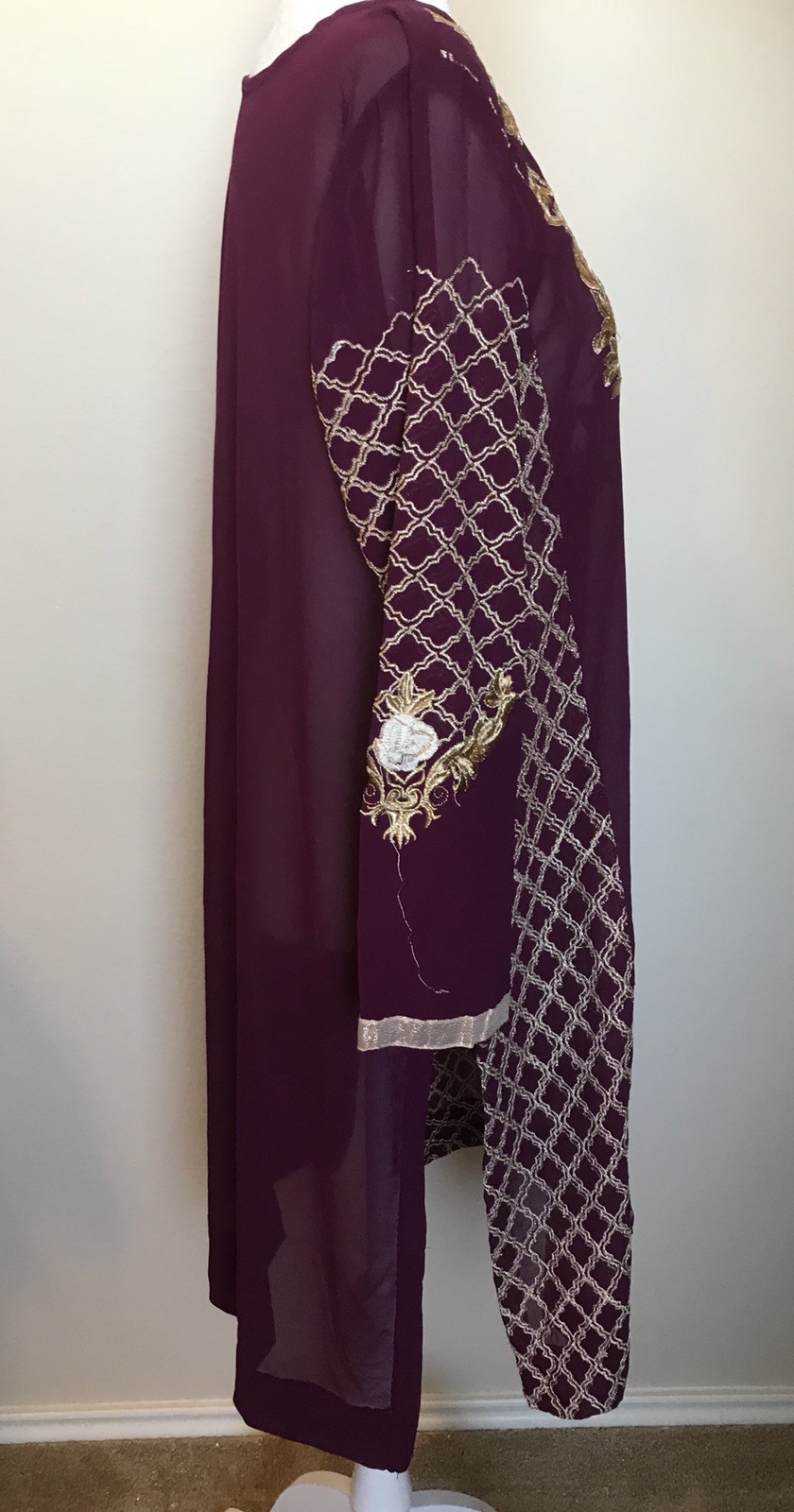 Women Formal Party Kurta Heavy Golden Embroidery Sz L Deep Mauve Color