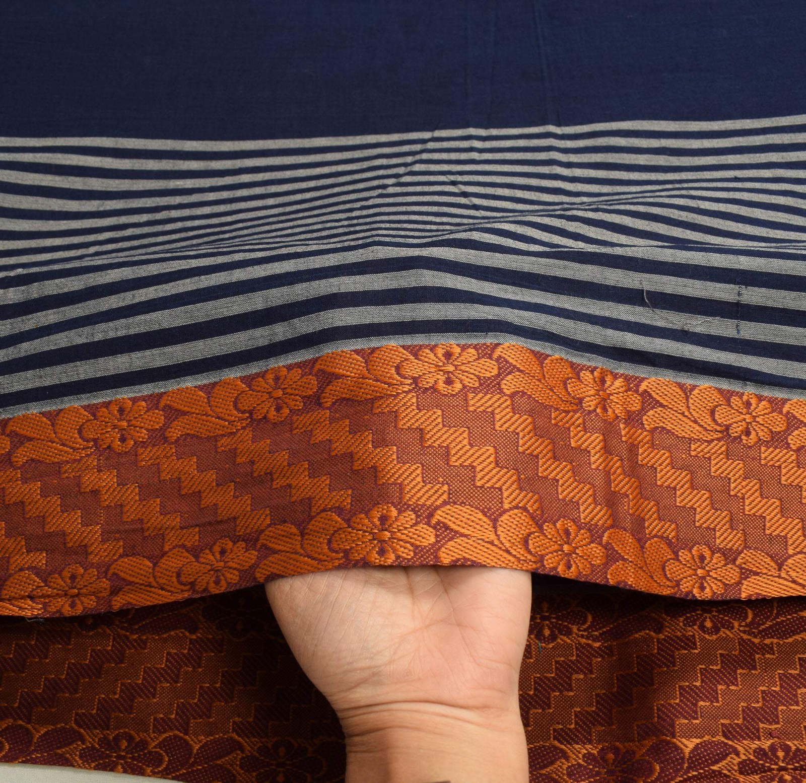 Sushila Vintage Blue Woven Saree Pure Cotton Stripes Soft Sari Craft Fabric
