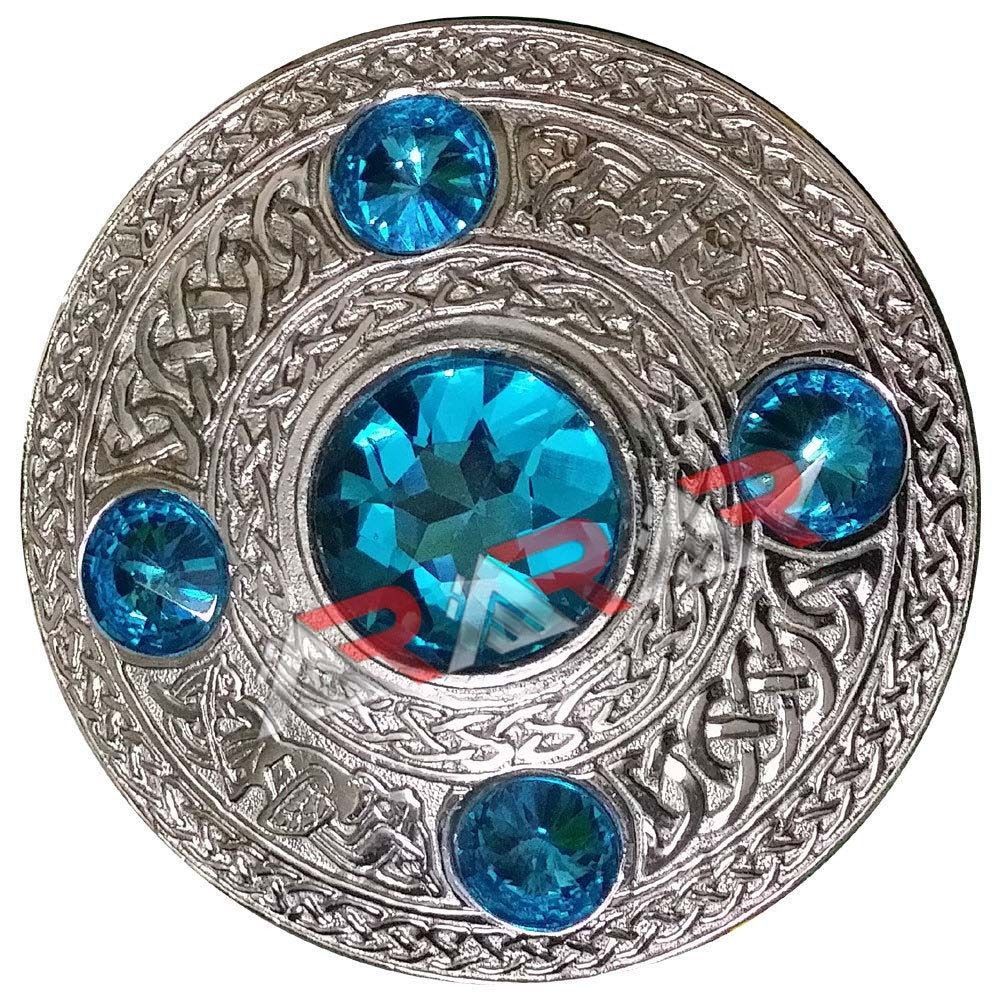 Scottish Fly Plaid Brooch Highland Celtic Kilt 5 Sky Blue Stone Silver 4″ AAR
