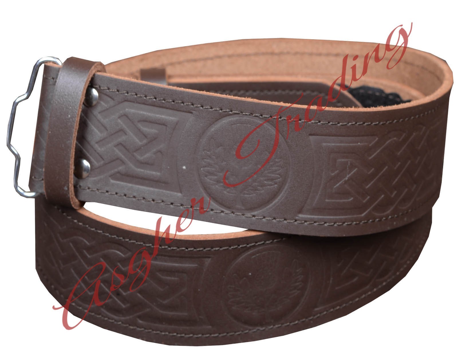 Thistle Embossed Brown Leather Kilt Belt Antique Buckle, Scottish Highland Style