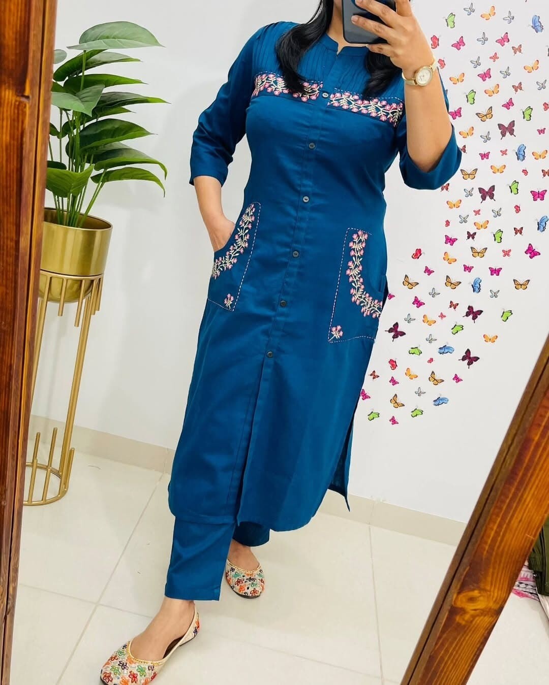 Royal Blue Straight Kurta Pant Set Indian Readymade Women Salwar Kameez Suit Set