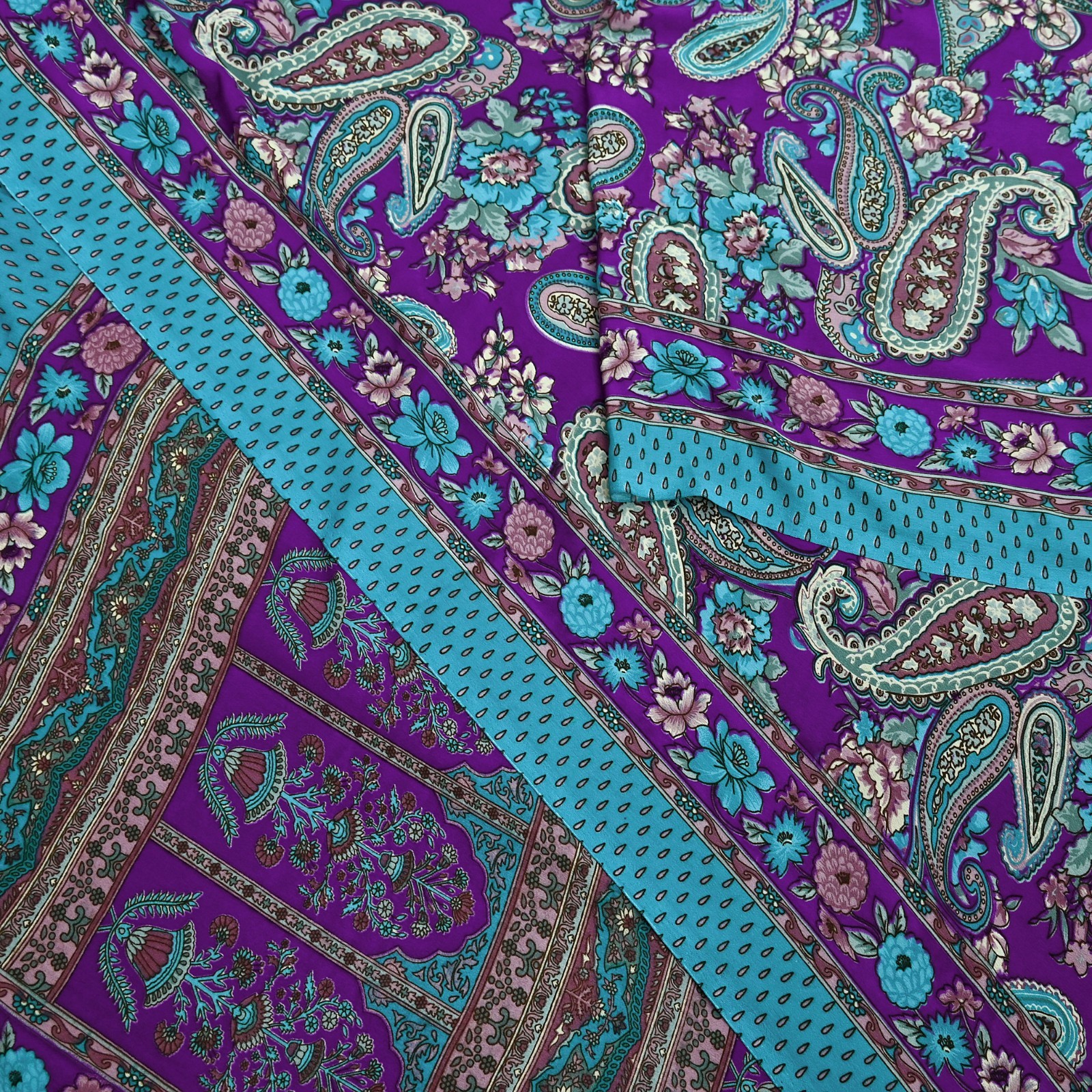 Indian Vintage Purple & Blue Moss Crepe Saree Printed Floral Sari Fabric 6 Yards