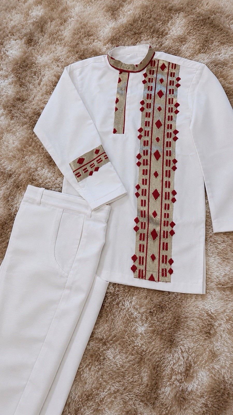 Men’s White Ethiopian Traditional Embroidered Long Sleeve Shirt & Pants Red Set