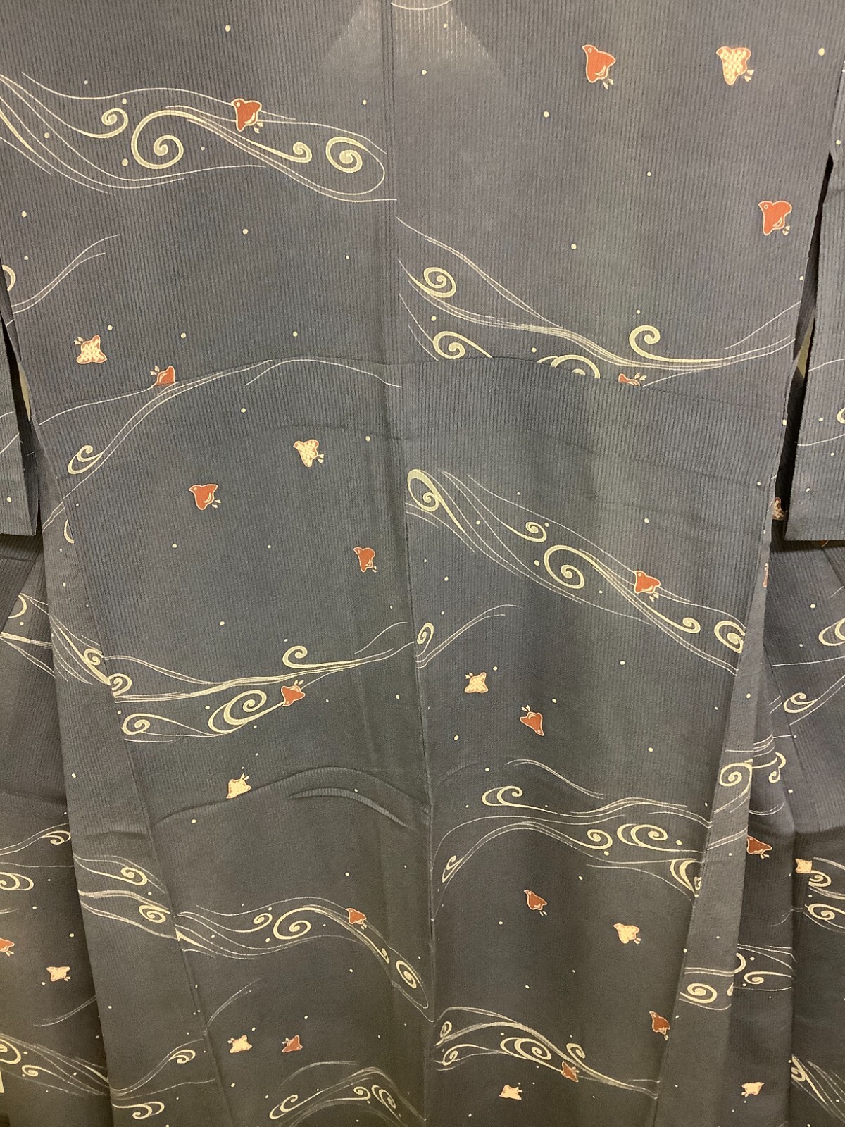Japanese Vintage Kimono Polyester Gray tradition bird wind Height 63.38in