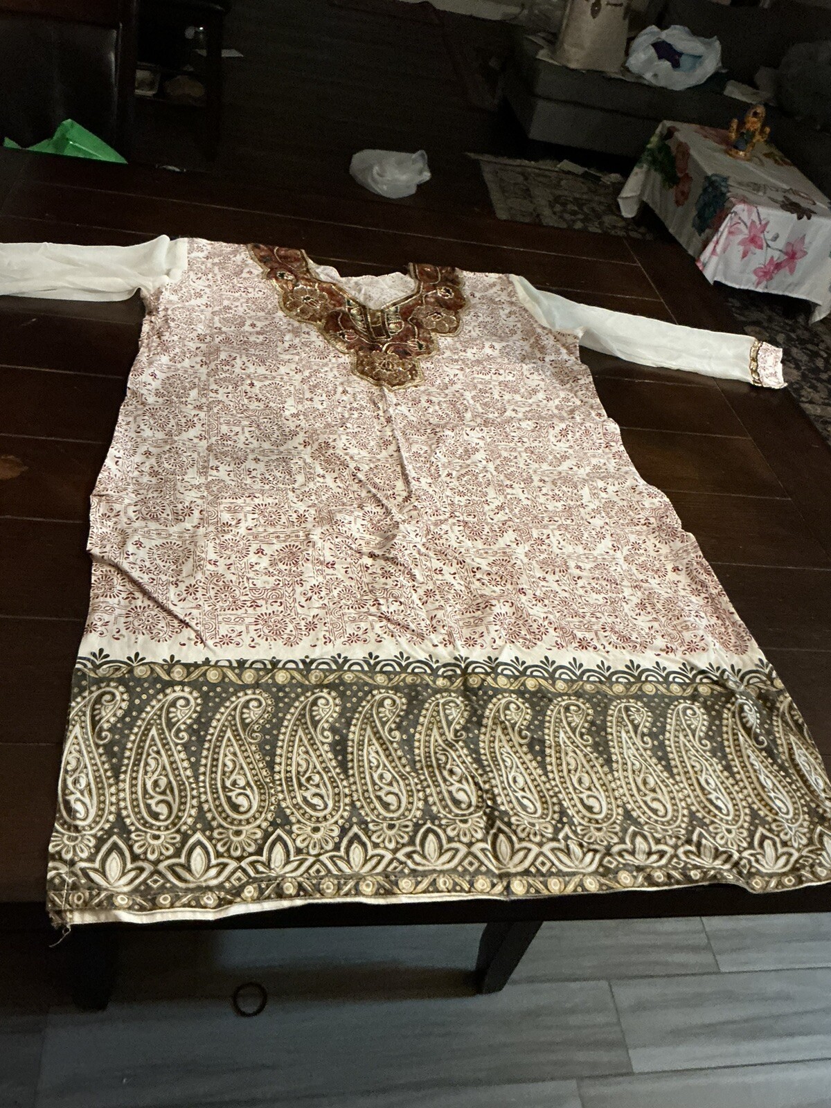 chiffon sleeve, sequined, paisley print cotton kurti, tunic, 37″ long, bust 46″,