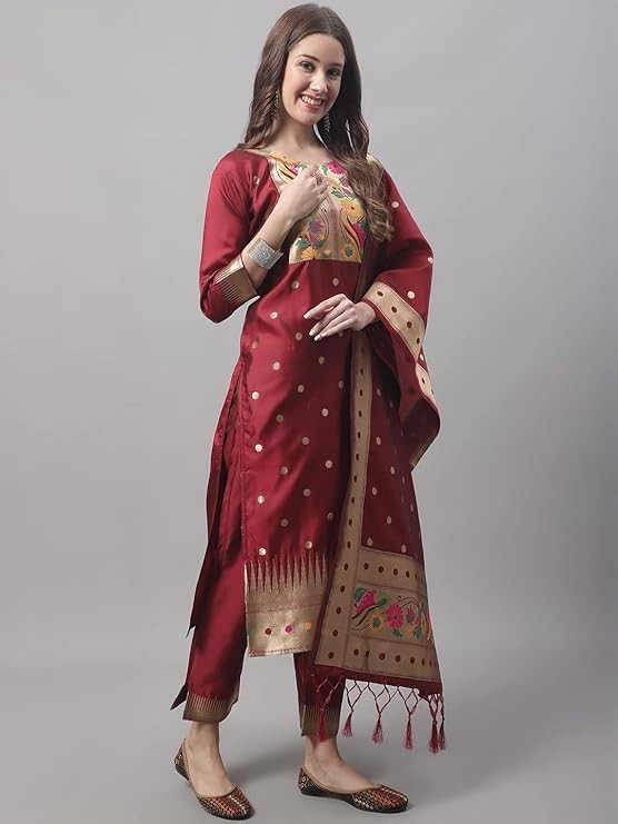 Women’s Cotton Silk Jacquard Straight Kurta with Pant & Banarasi Silk Dupatta Se
