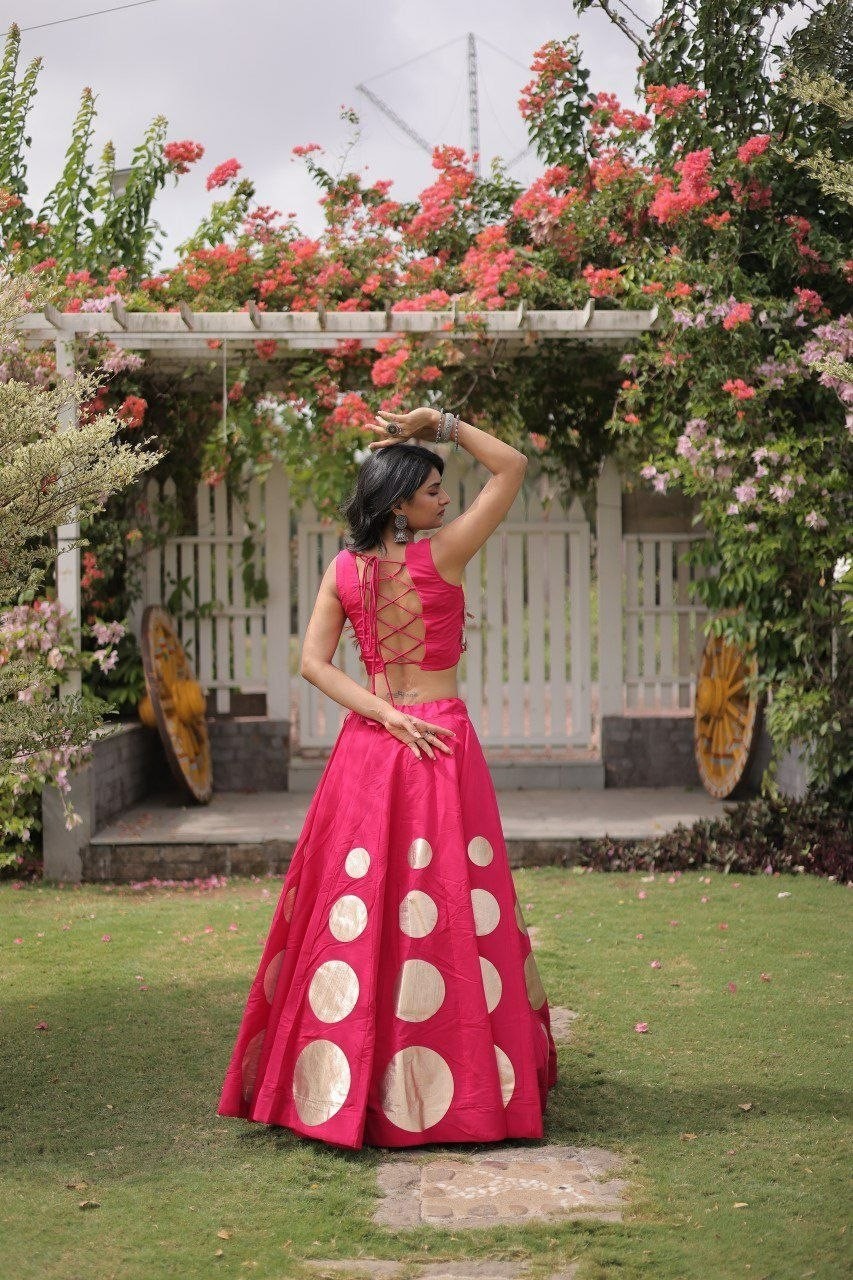 Pink Roman Silk Lehenga Choli Mirror Lace Gota Work Party Wear Women