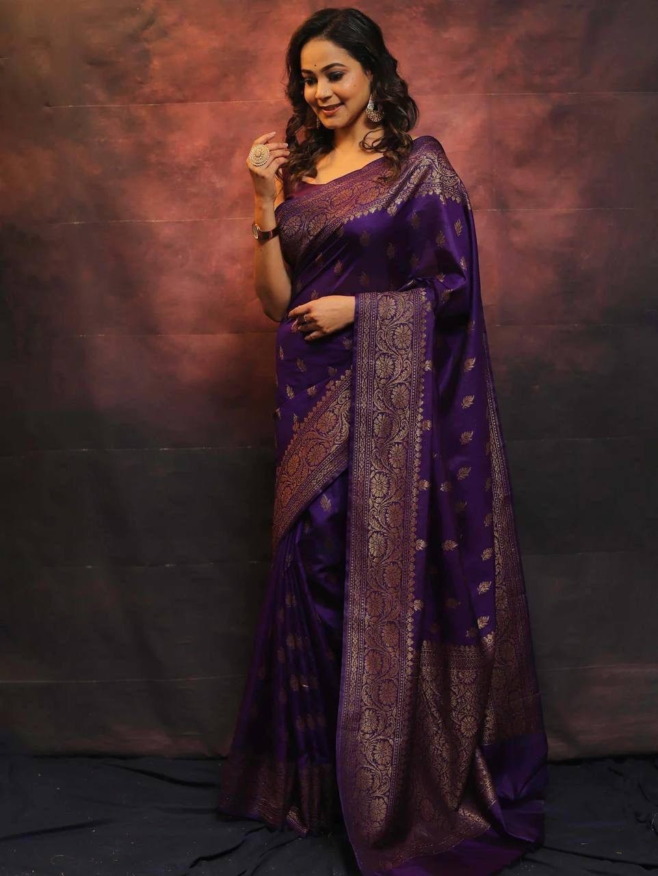 Wedding Wear Purple Lichi Silk Saree with Golden Jacquard Pallu & Blouse indian