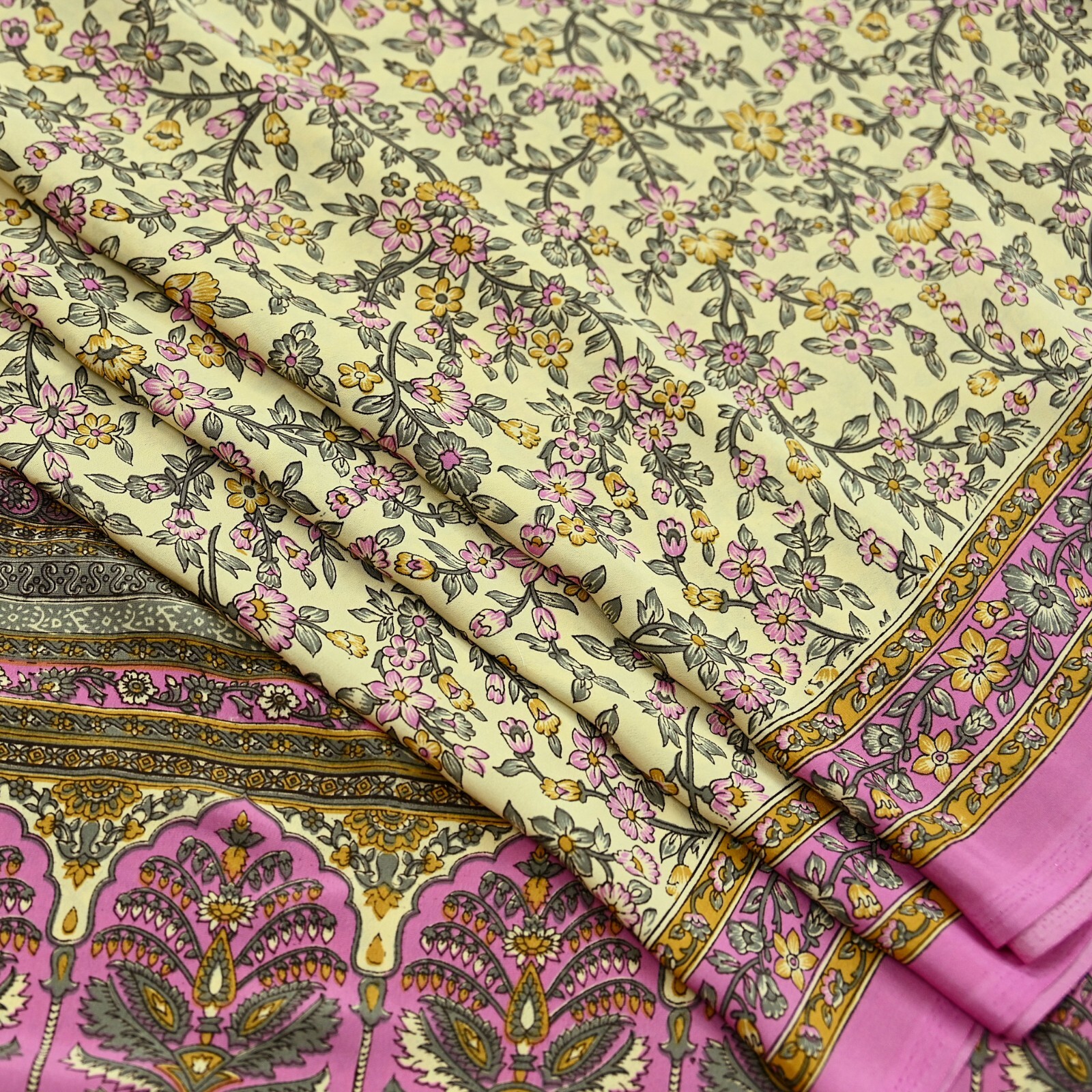 Vintage Sari Ivory & Pink Moss Crepe Printed Sarees 5yd Craft Fabric Sewing Soft