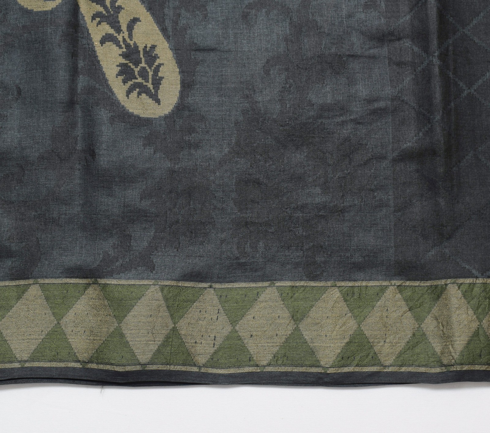 Sushila Vintage Black Saree with Green Border Pure Tussar Silk Woven Sari Fabric