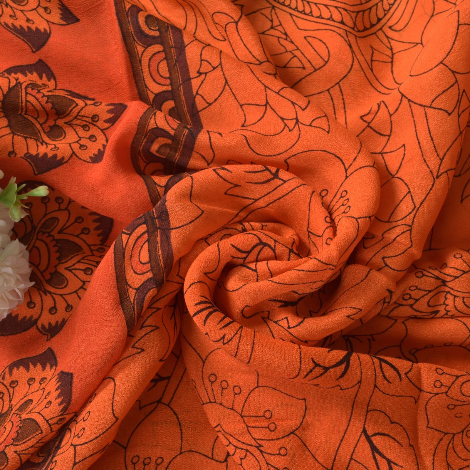 Sanskriti Vintage Orange Blend Georgette Saree Peacock Kalamkari Rotary Print 5Y