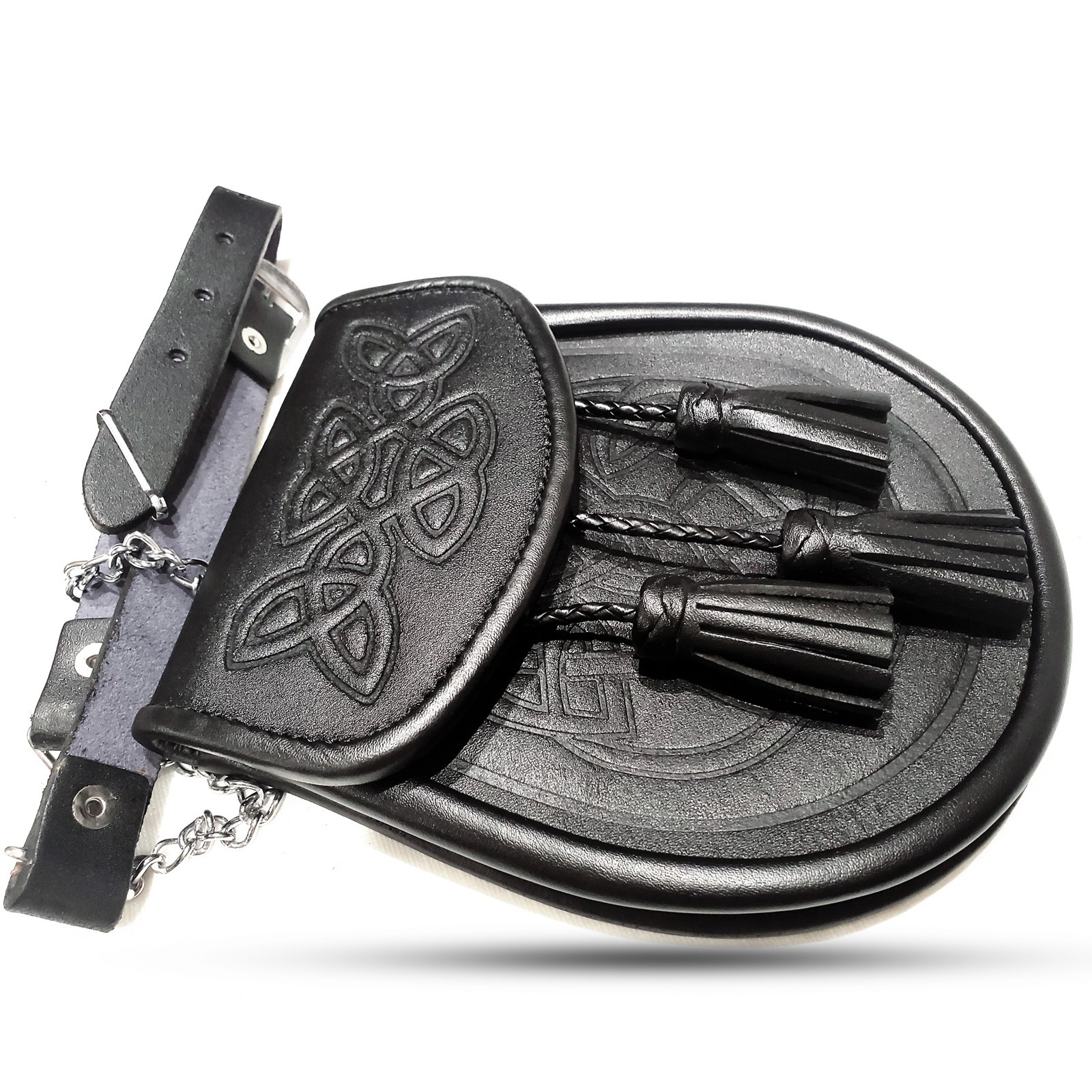 Scottish Black Leather Sporran Celtic Knot Kilt Pouch w/ Adjustable Belt