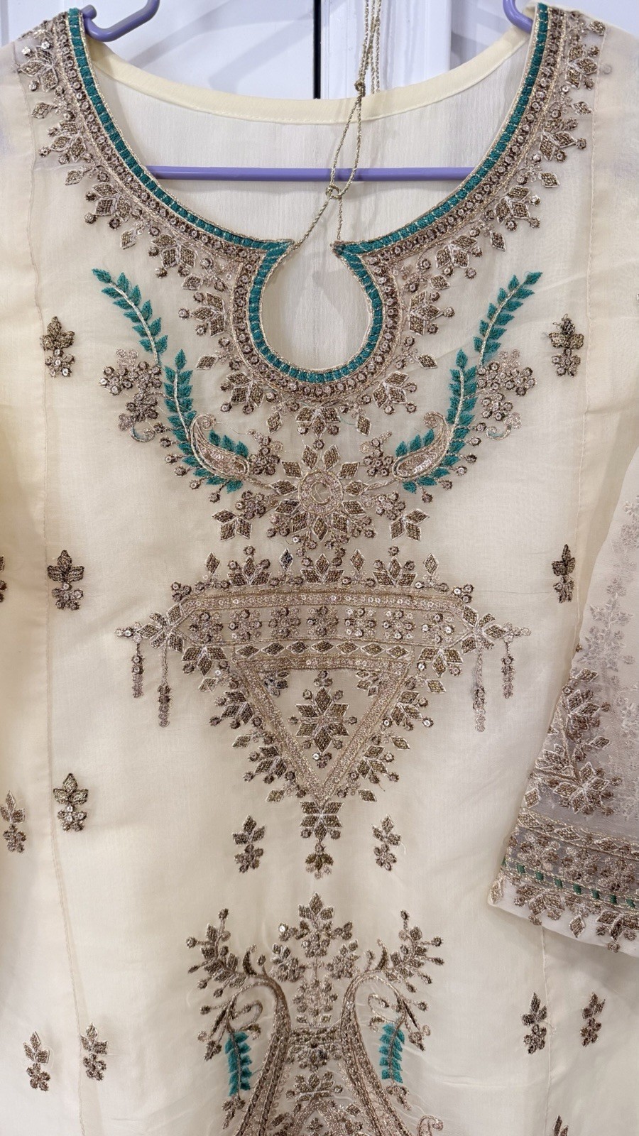 Embroidered Beige Kurta for Women with Green and Gold Detailing
