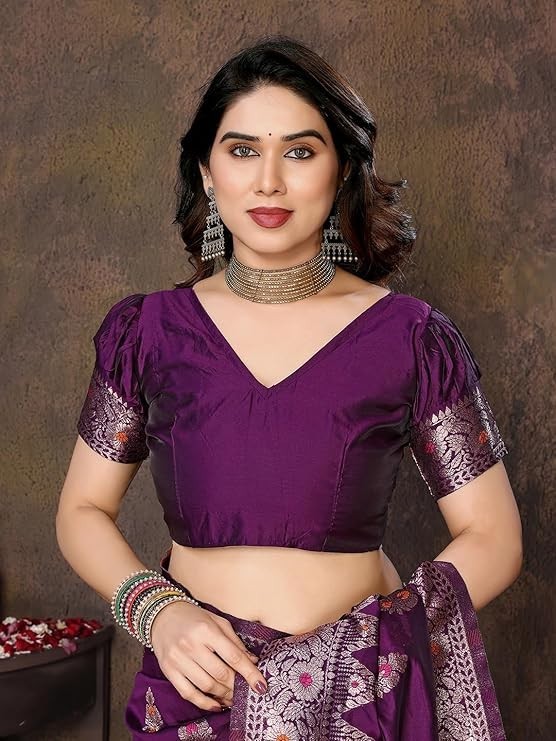 Women’s Banarasi Kanjivaram Cotton Silk Saree With Unstitched Blouse Material