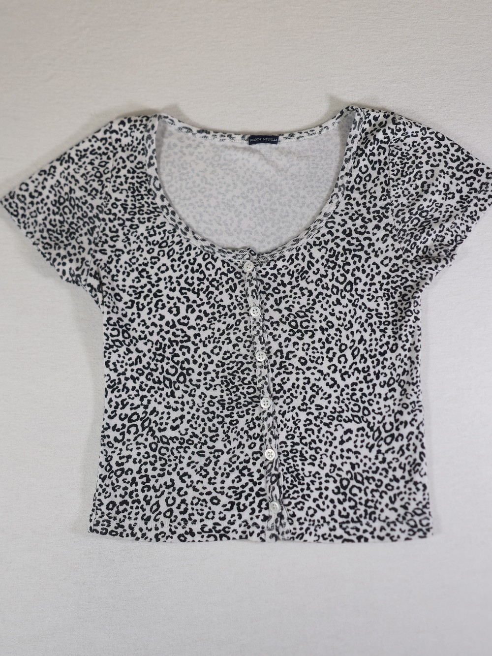 Brandy Melville White Black Leopard Print Button Front Baby Tee One Size