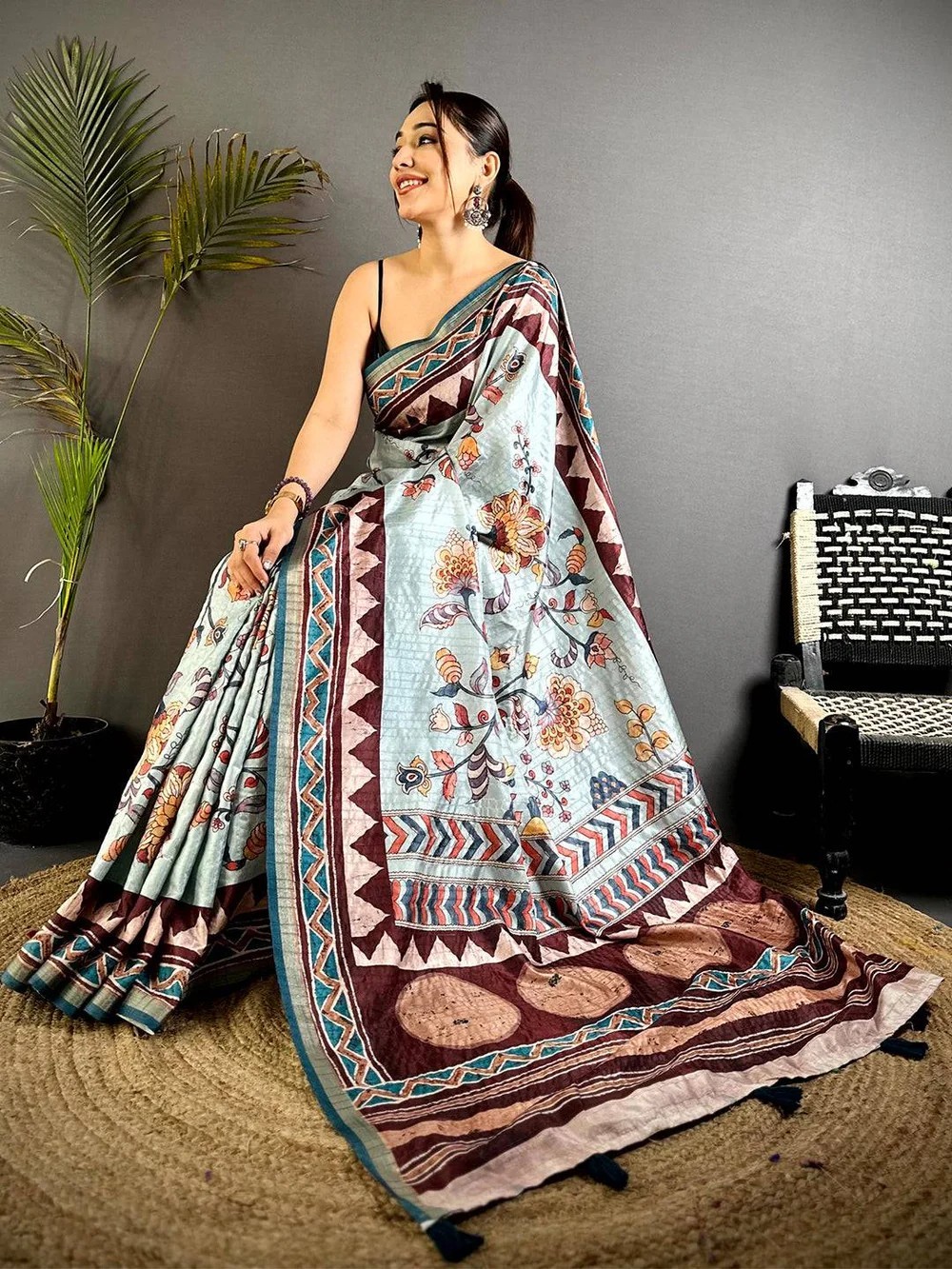 Women’s Saree Ajrakh Kalamkari Tussar Silk Blue Color With Blouse Piece