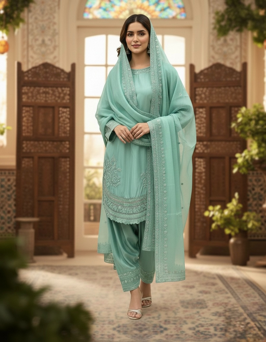 Collection Pur Natural Crepe Readymade Multi Top Palazzo With Dupatta For Women
