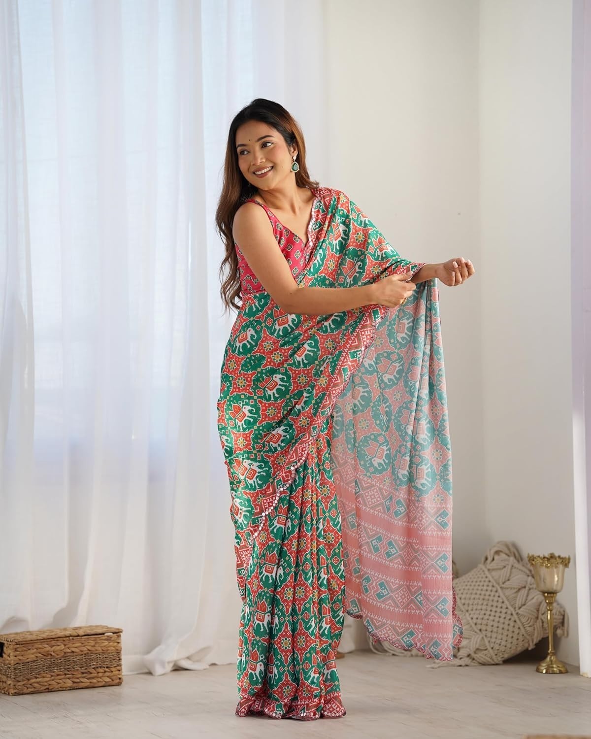 Women’s Chinon Digital Printed Saree with Unstitched Blouse Piece