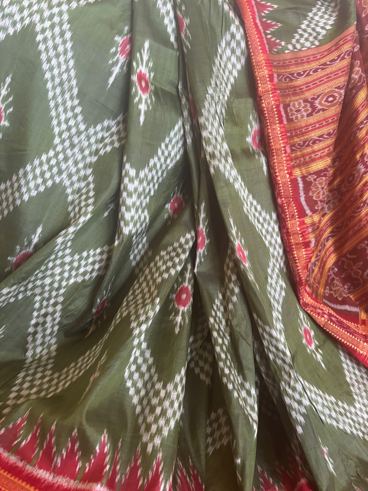 Olive green and red Katki silk saree without fall and pico.