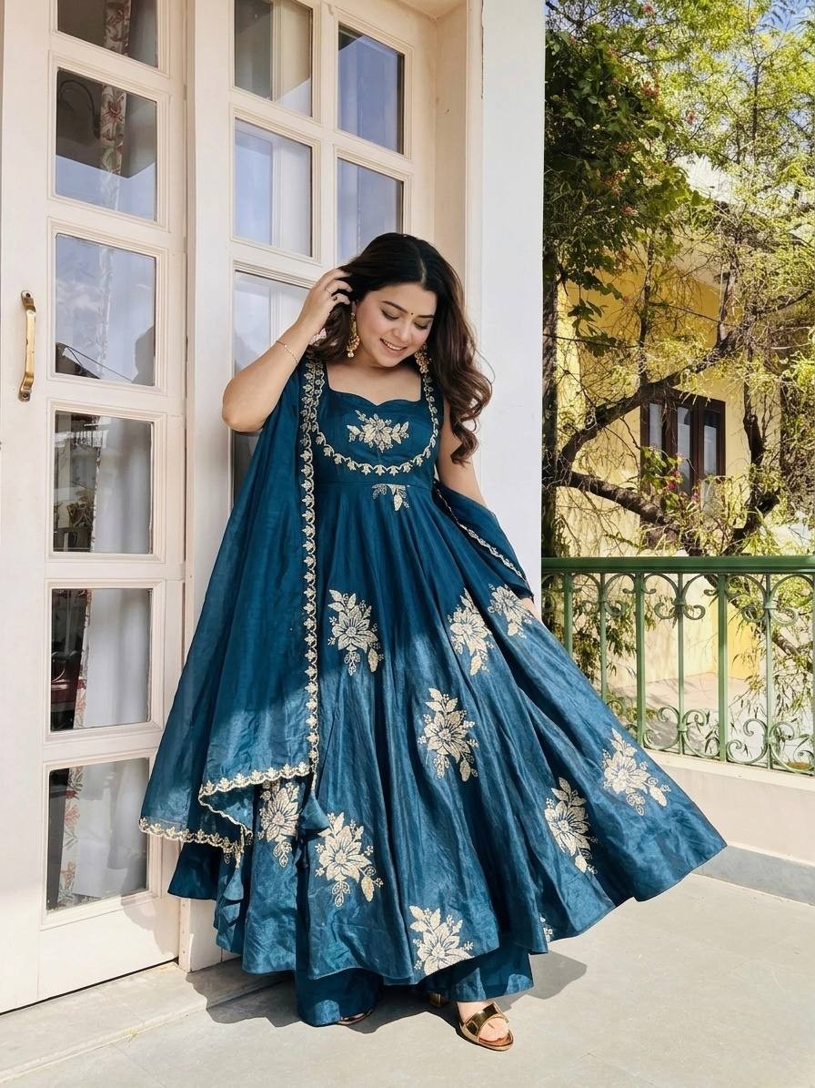 Designer Fandy Silk Anarkali Gown Wedding Reception Party Wear Dress For Women
