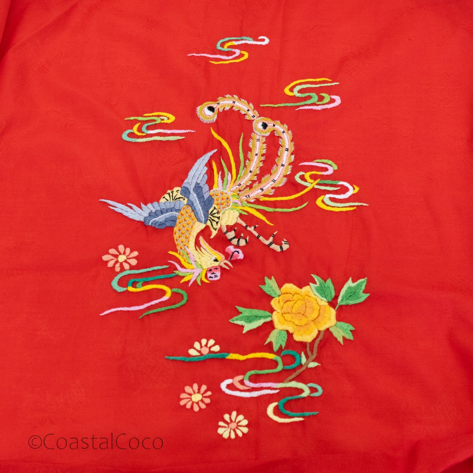 Vintage Health L Chinese Phoenix Peony Embroidered Robe Kimono Red Jacquard