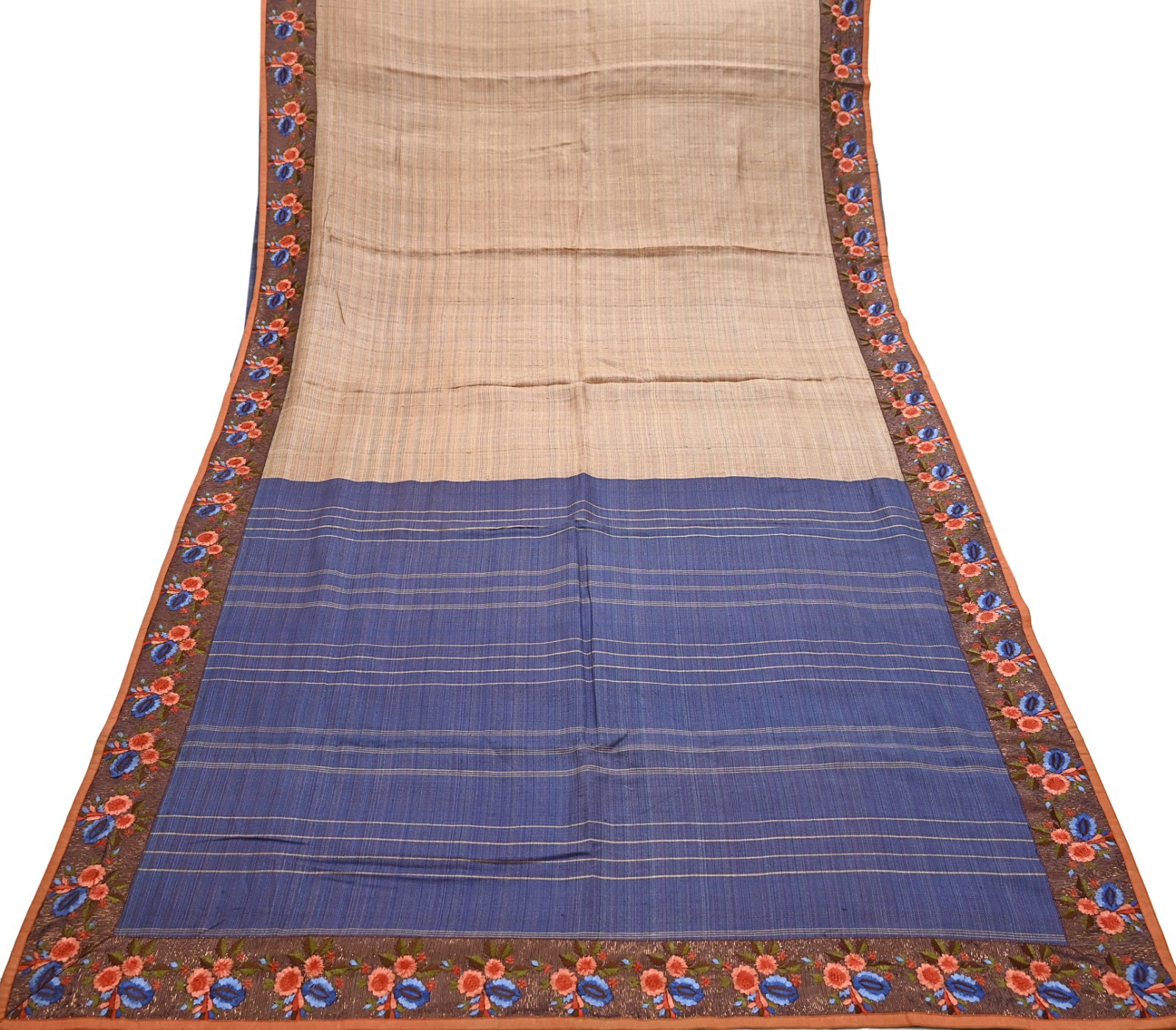 Vintage Blue beige Green Wool Saree Indian Pure Wool Floral Woven Fabric 5 Yard