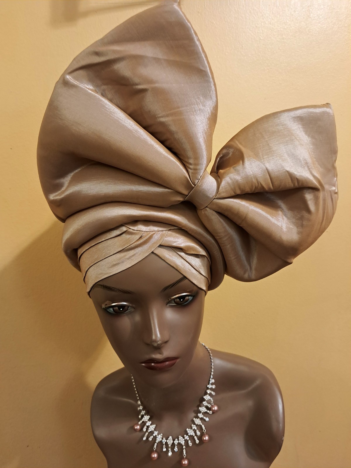 NEW WOMENS HANDMADE AFRICAN AUTO GELE HEADGEAR, TURBAN KHAKA COLOR ONE SIZE