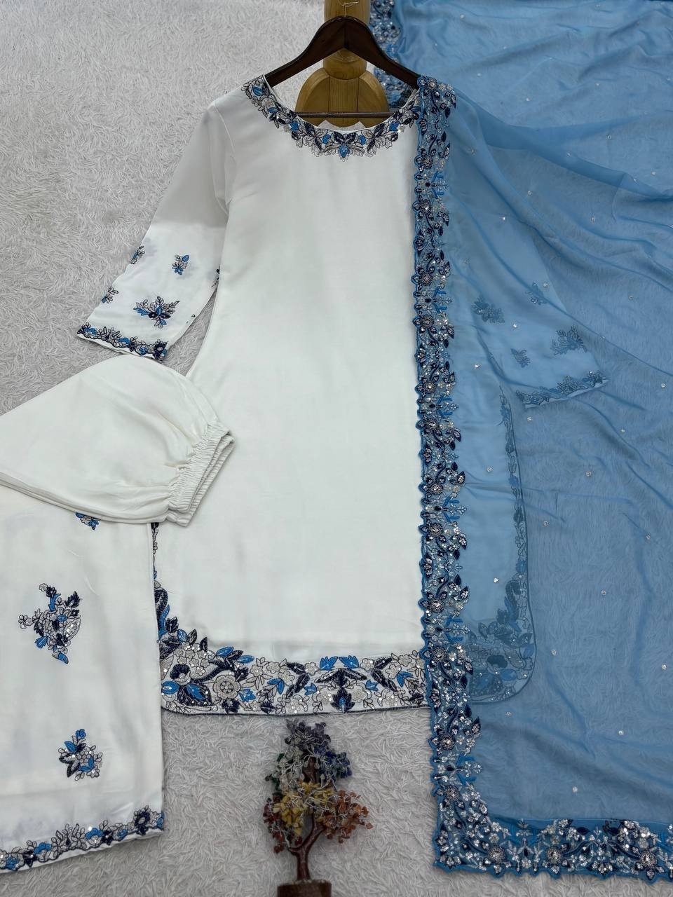 Beautiful White Rayon Cotton Palazzo Suit With Dupatta For Indian Party Wear