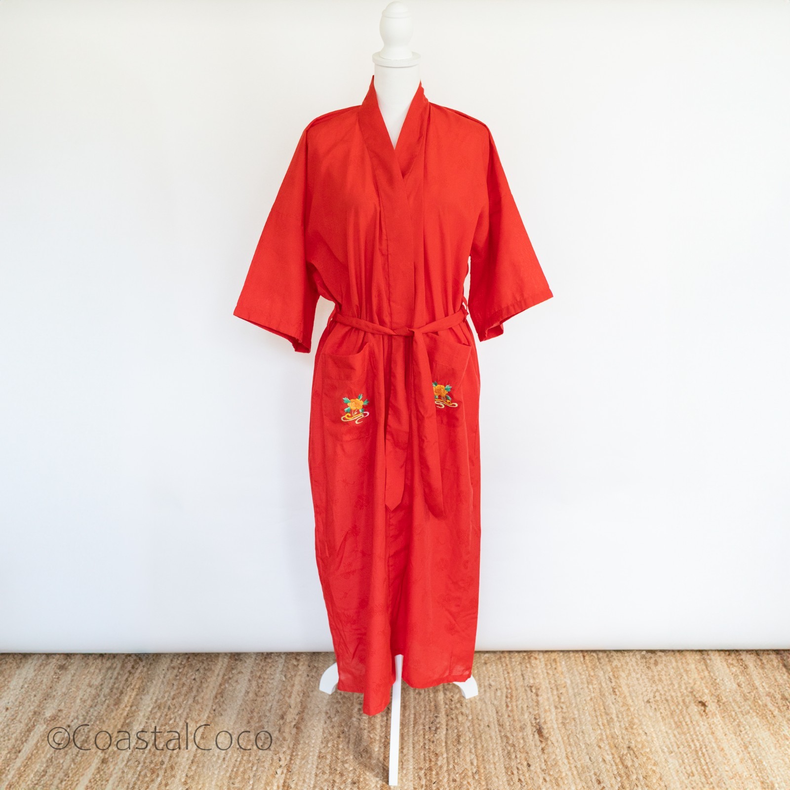 Vintage Health L Chinese Phoenix Peony Embroidered Robe Kimono Red Jacquard