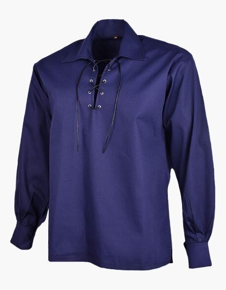 Men Navy Blue Scottish Jacobite Ghillie Kilt Highland Shirt Long Sleeve Lace Up