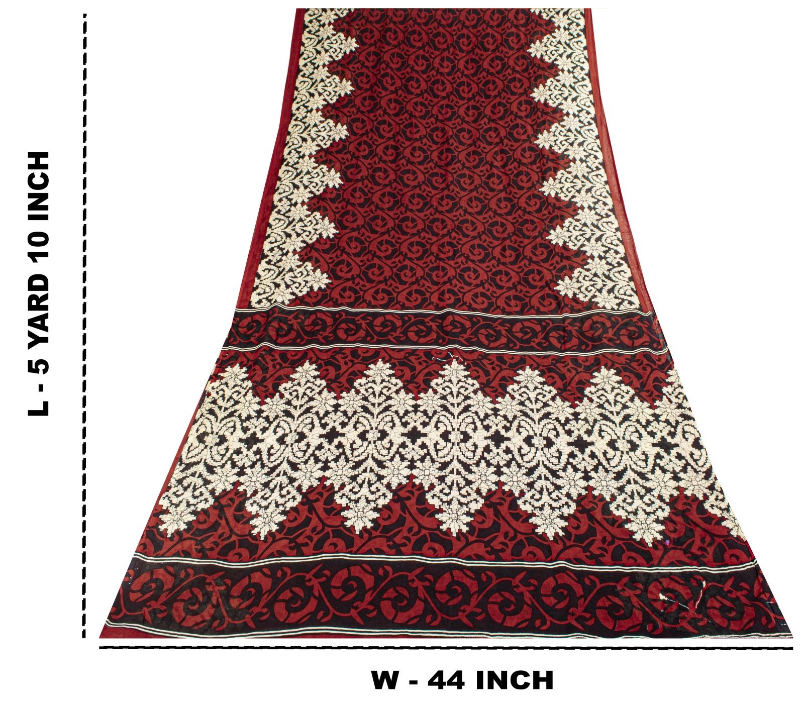 Sanskriti Vintage Saree Red-Black Pure Cotton Damask Printed Sari Fabric 5+Yard