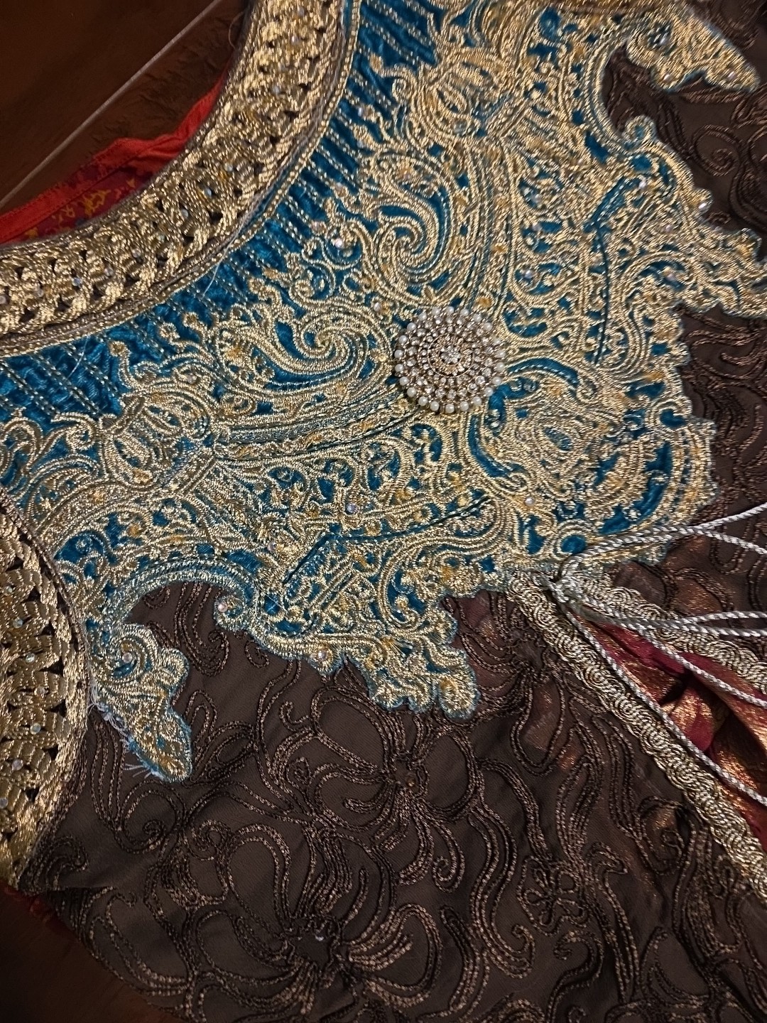 Womens Pakistani Long Embroidered Shirt Brown Green Red Banarsi Golden Tussle