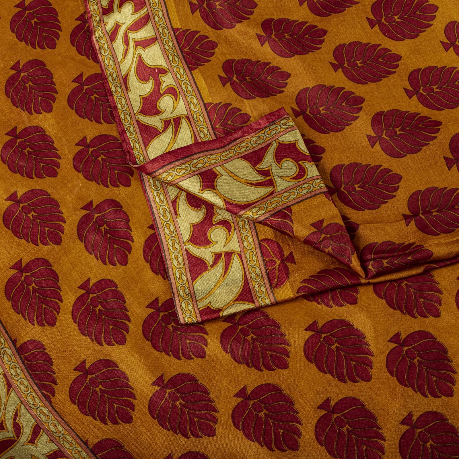 Sanskriti Vintage Saree Yellow Soft Pure Silk Block Printed Sari 5.5+Yd Fabric
