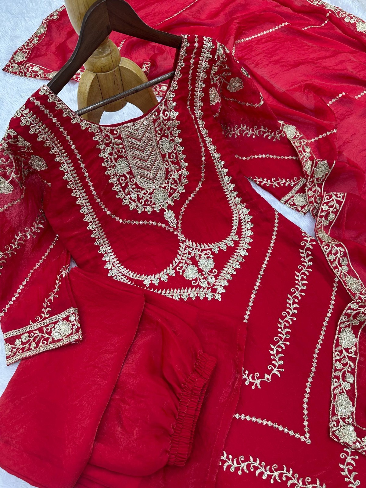 Latest New Heavy Silk Red Palazzo Suit With Dupatta For Indian Party Wear